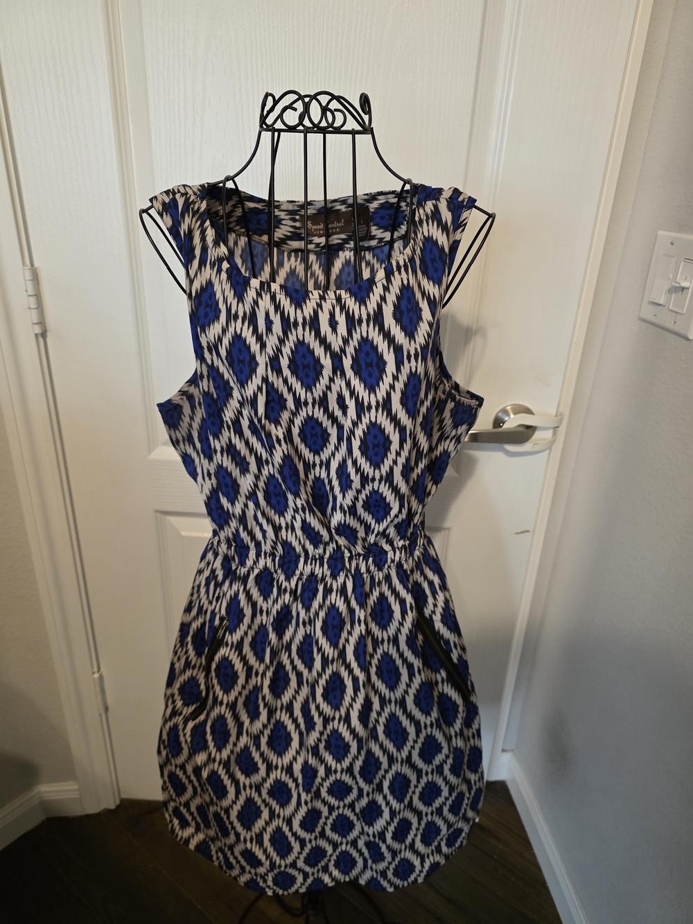 Blue & White Sleeveless Printed Mini Dress